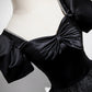 Black Satin and Tulle Long Prom Dress, Black A-Line Short Sleeve Party Dress