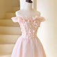 Pink Tulle Beaded Short Prom Dress, Beautiful Pink Off Shoulder Evening Party Dress