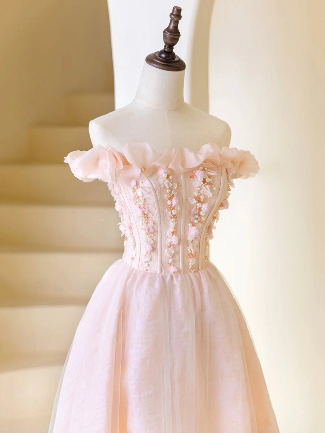 Pink Tulle Beaded Short Prom Dress, Beautiful Pink Off Shoulder Evening Party Dress