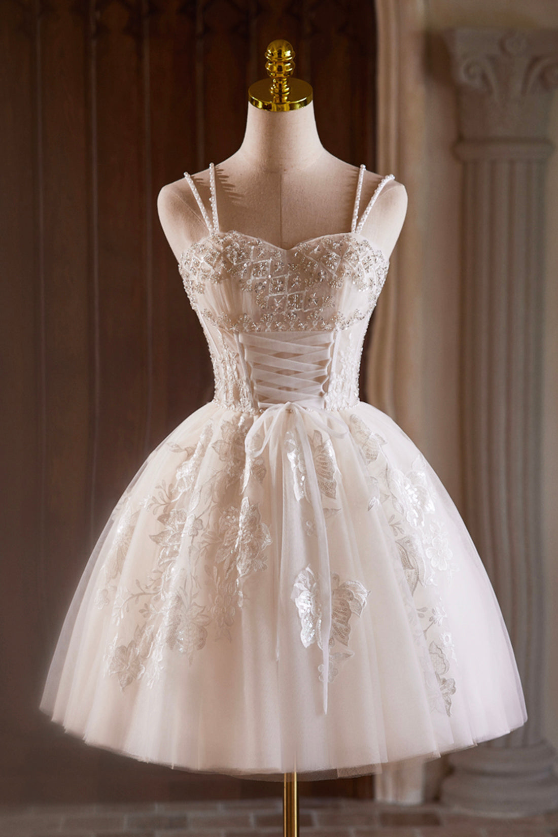 Light Champagne Spaghetti Strap Tulle Beaded Short Prom Dress, Beautiful A-Line Evening Party Dress