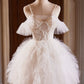 Champagne Sweetheart Layers Short Prom Dress, A-Line Spaghetti Straps Tulle Party Dress