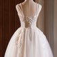Light Champagne Spaghetti Strap Tulle Beaded Short Prom Dress, Beautiful A-Line Evening Party Dress