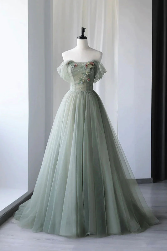 Gray Green Tulle Long Prom Dress, Off Shoulder A-Line Evening Party Dress
