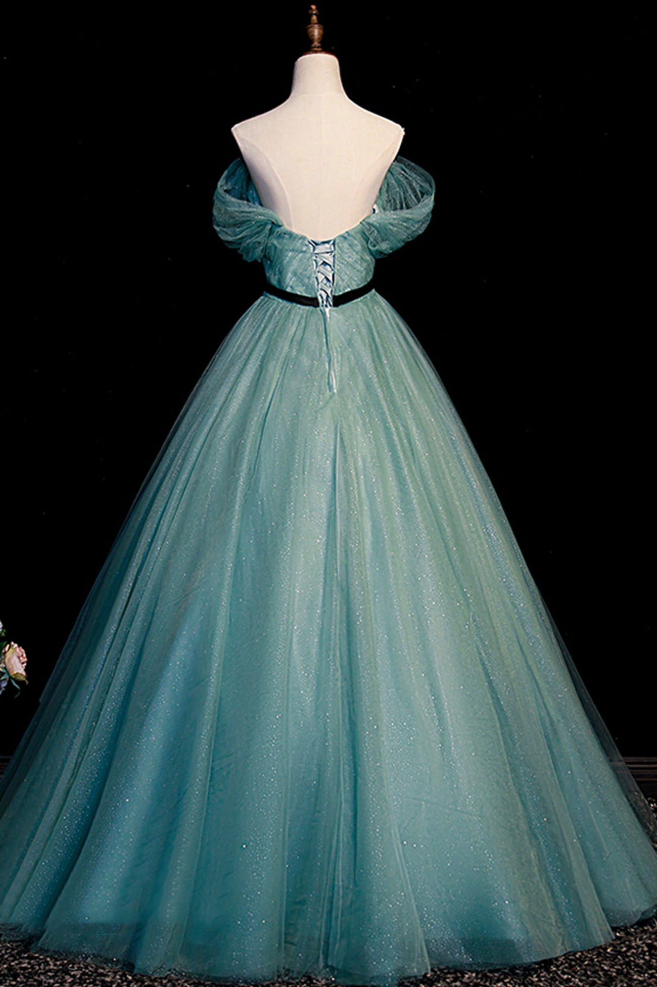 Green Tulle Off the Shoulder Floor Length Prom Evening Dress
