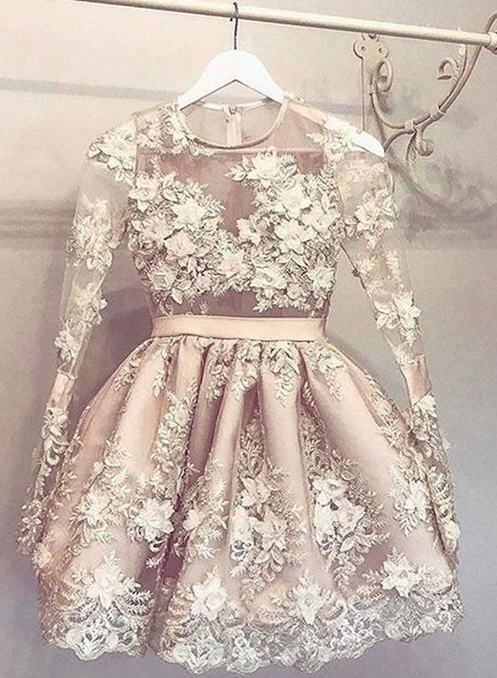 Cute Champagne Lace Short Prom Dress, Long Sleeve Homecoming Dress