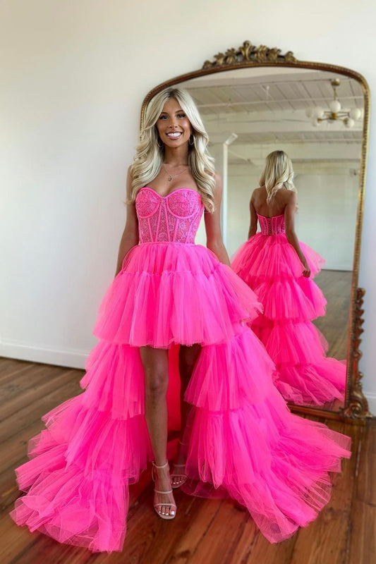 Hot Pink Strapless Tulle Lace Long Prom Dress, Cute A-Line High Low Evening Dress