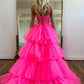 Hot Pink Strapless Tulle Lace Long Prom Dress, Cute A-Line High Low Evening Dress