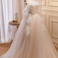 Champagne Tulle Long A-Line Prom Dress, Cute Evening Dress with Bow