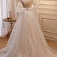 Champagne Tulle Long A-Line Prom Dress, Cute Evening Dress with Bow
