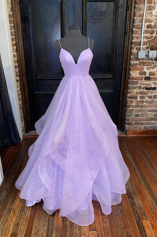 Purple Spaghetti Strap Tulle Long Prom Dress