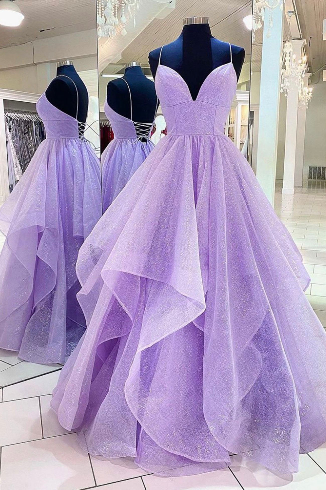 Purple Tulle Spaghetti Strap Long Prom Dress, A-Line Backless Evening Dress