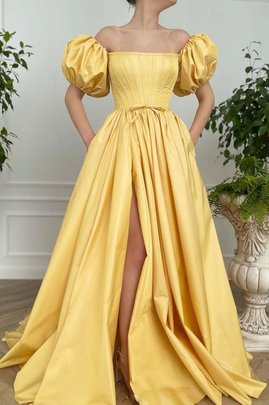 Yellow Satin Long Prom Dress