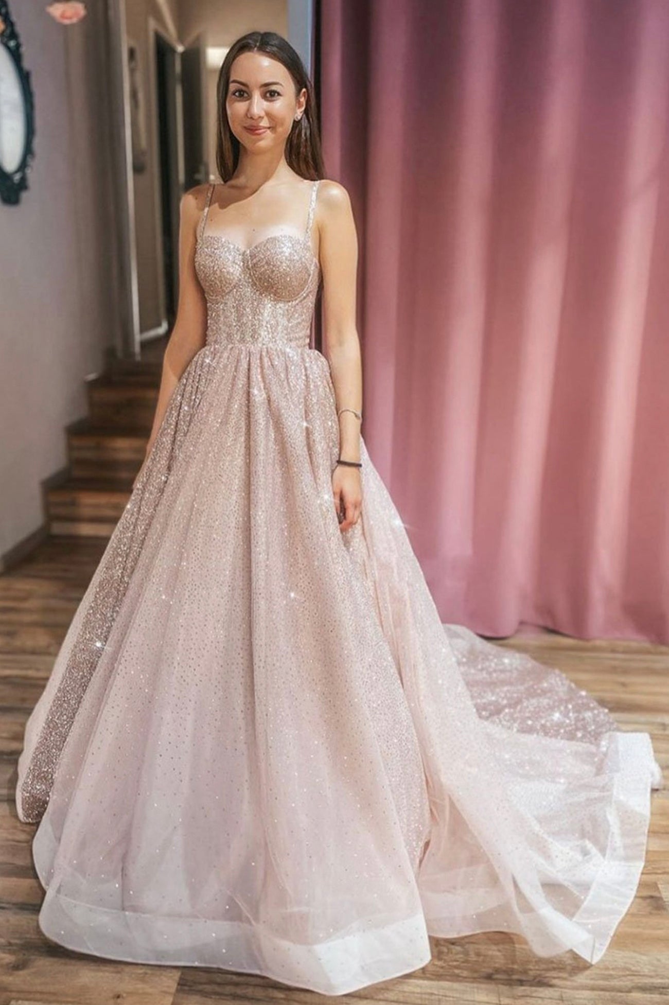 Shiny Tulle Sequins Long Prom Dress, A-Line Spaghetti Strap Evening Dress