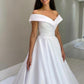 White Satin Long Prom Dress, Off the Shoulder Evening Dress