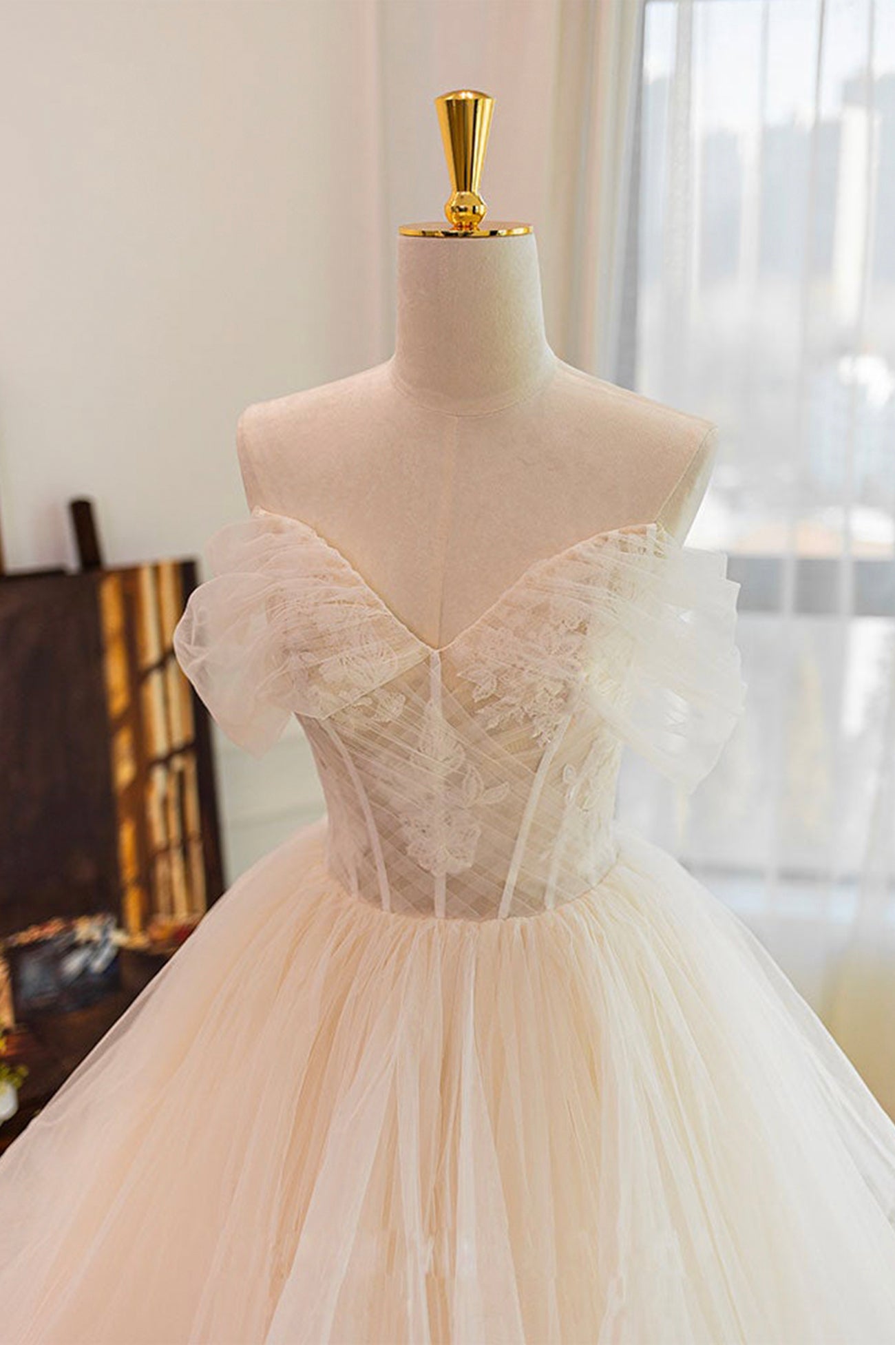 Champagne tulle lace long prom dress evening gown