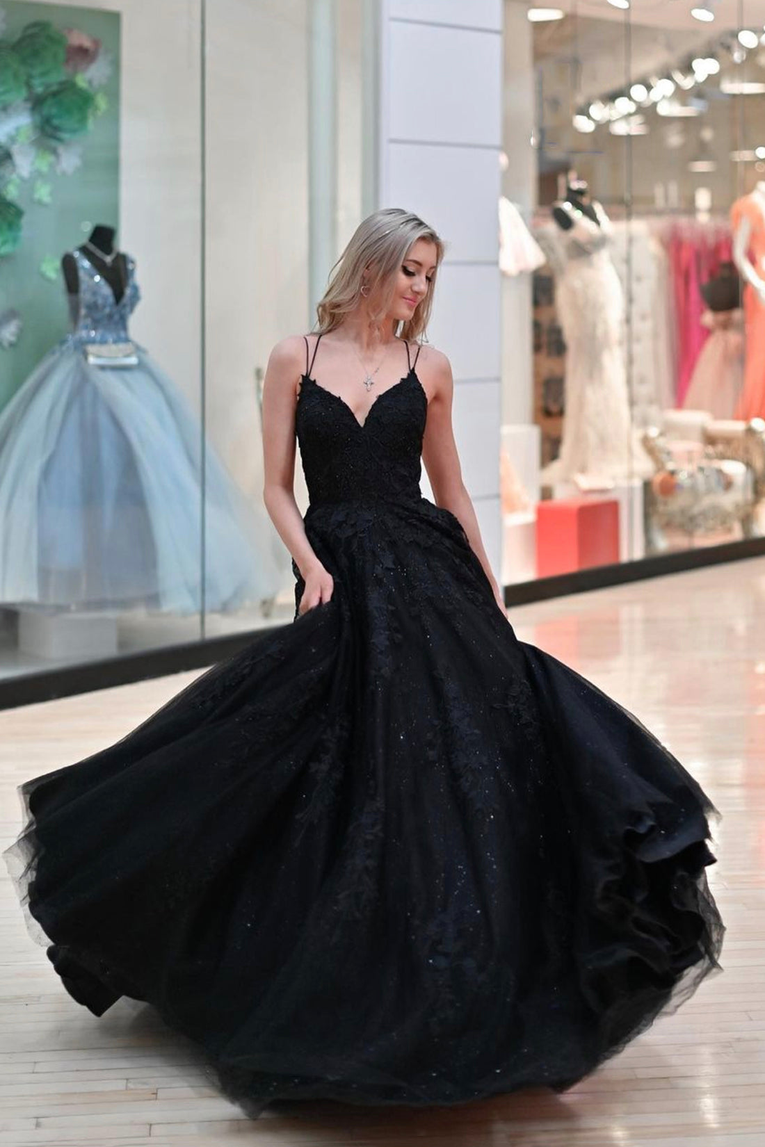 Black Tulle Lace Long Prom Dress, A-Line Backless Evening Party Dress