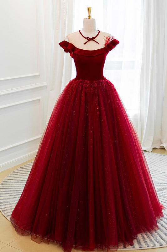 Burgundy Velvet Tulle Long Prom Dress