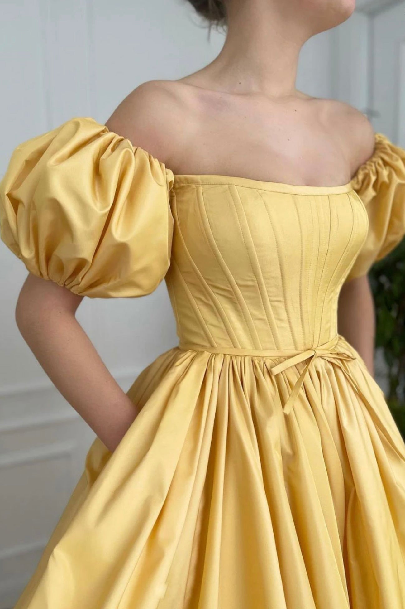 Yellow satin long A line prom dress evening dress