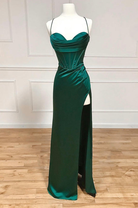 Mermaid Green Satin Long Prom Dress, Green Formal Evening Dress