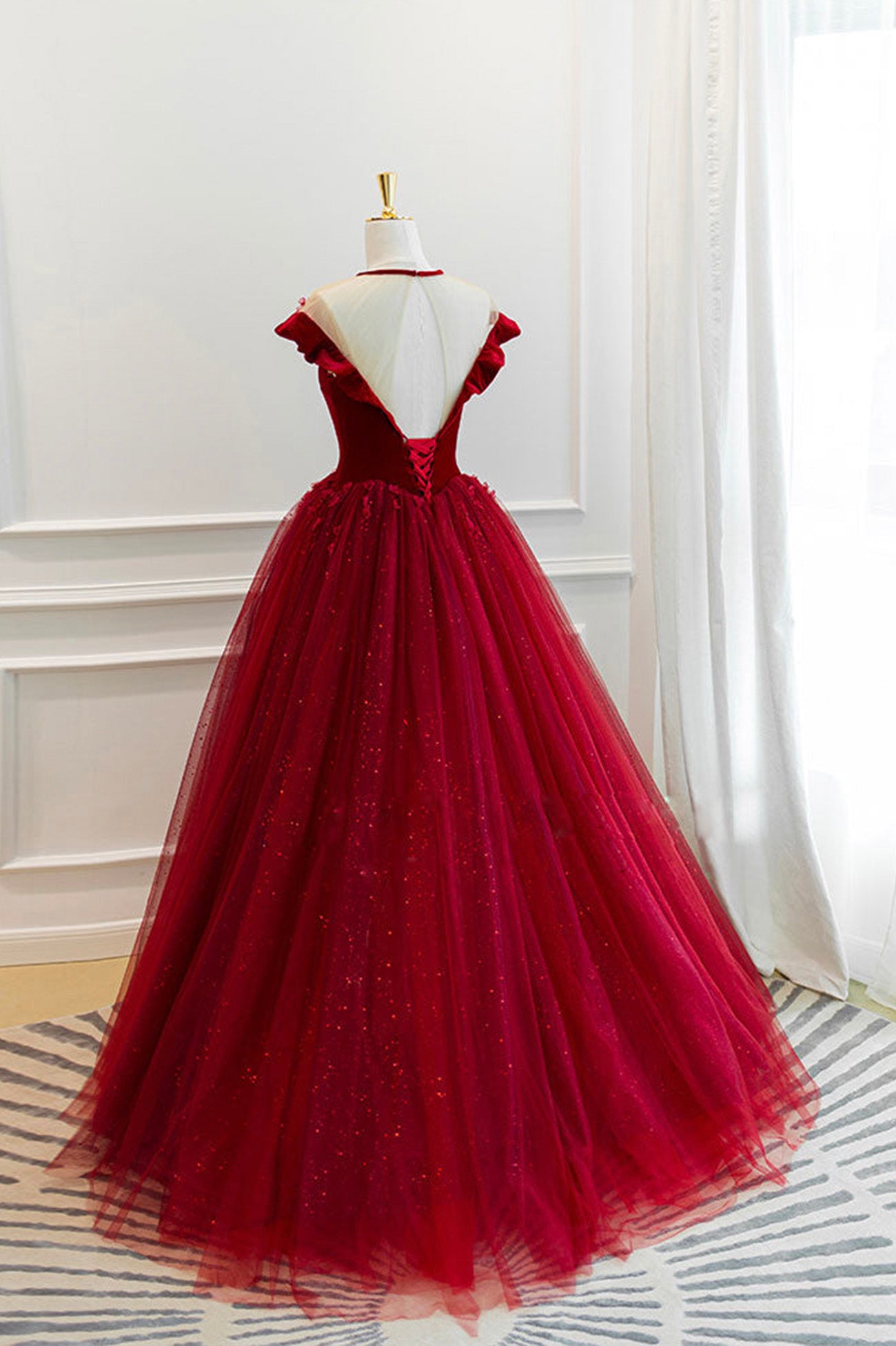 Burgundy Velvet Tulle Long Prom Dress