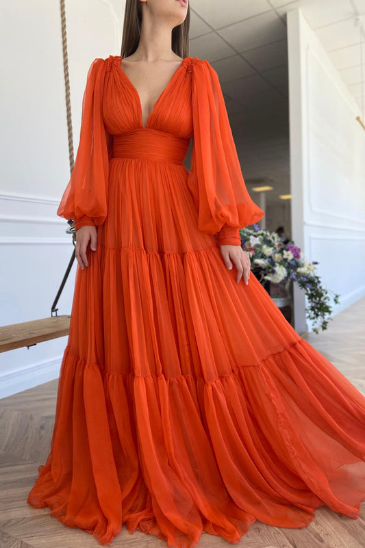 Stylish V-Neck Long Sleeve Chiffon Floor Length Prom Dress
