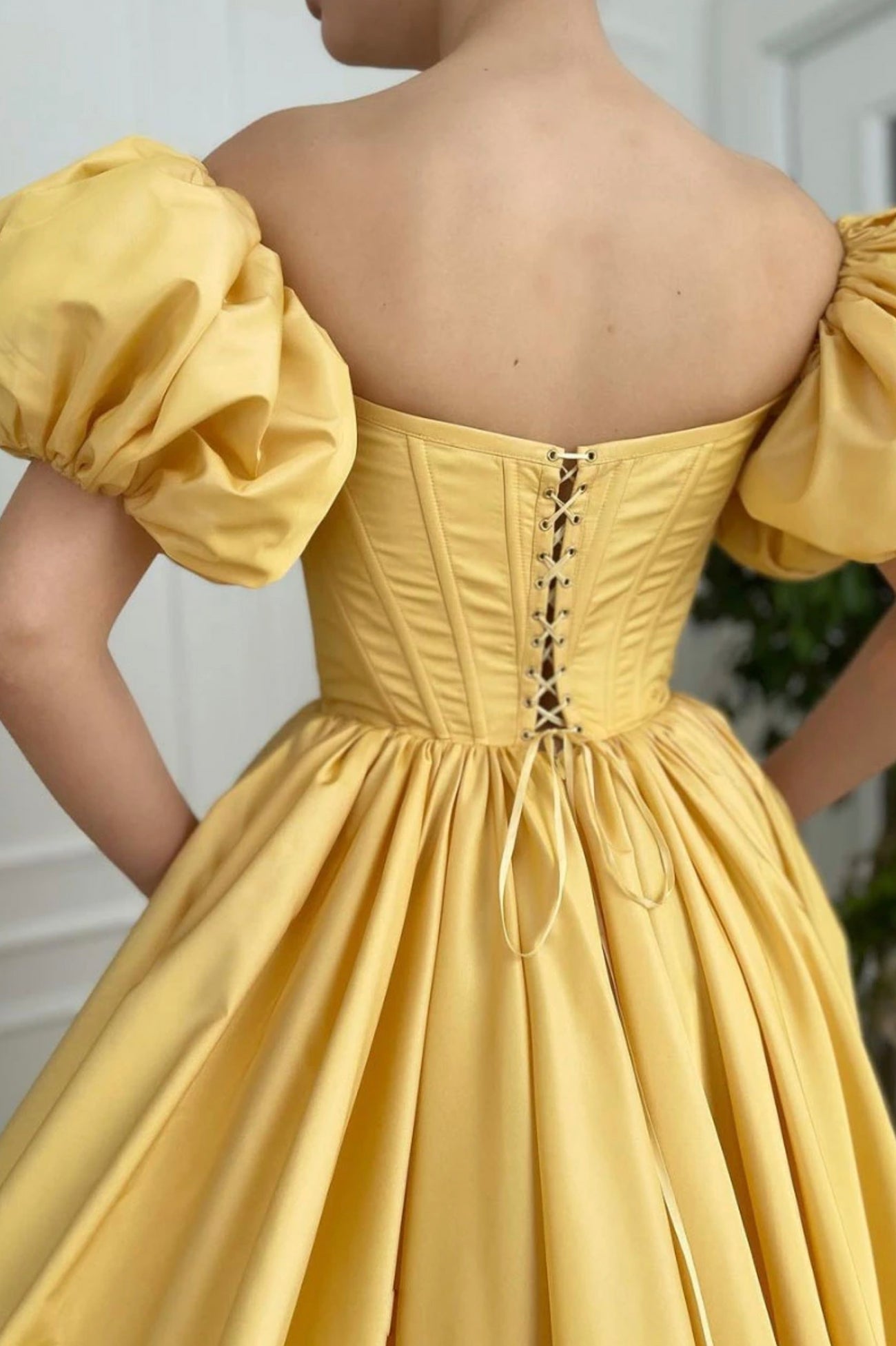 Yellow satin long A line prom dress evening dress