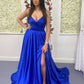 Blue Spaghetti Strap Satin Long Prom Dress, A-line Backless Evening Dress