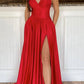 Red Spaghetti Strap Satin Long Prom Dress, A-Line Backless Evening Dress