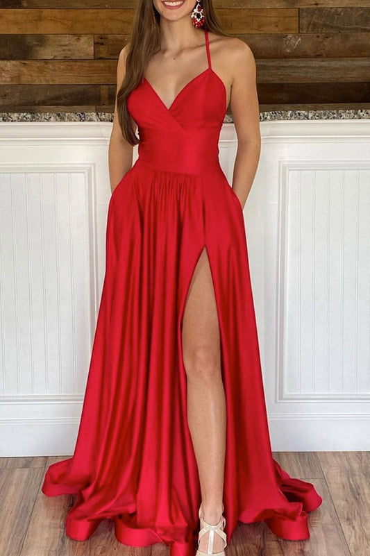 Red satin long prom dress A line evening dress
