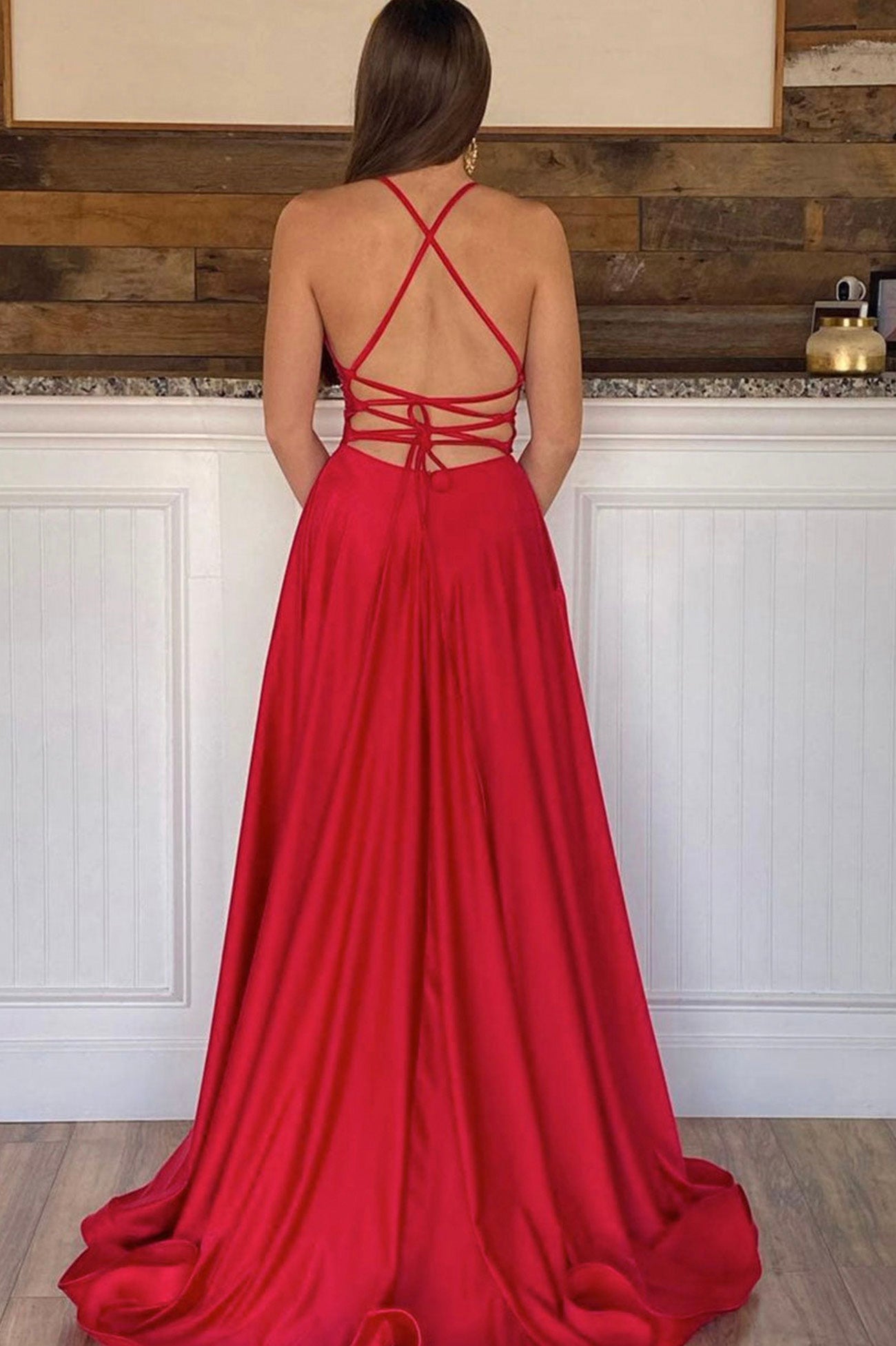 Red Spaghetti Strap Satin Long Prom Dress, A-Line Backless Evening Dress