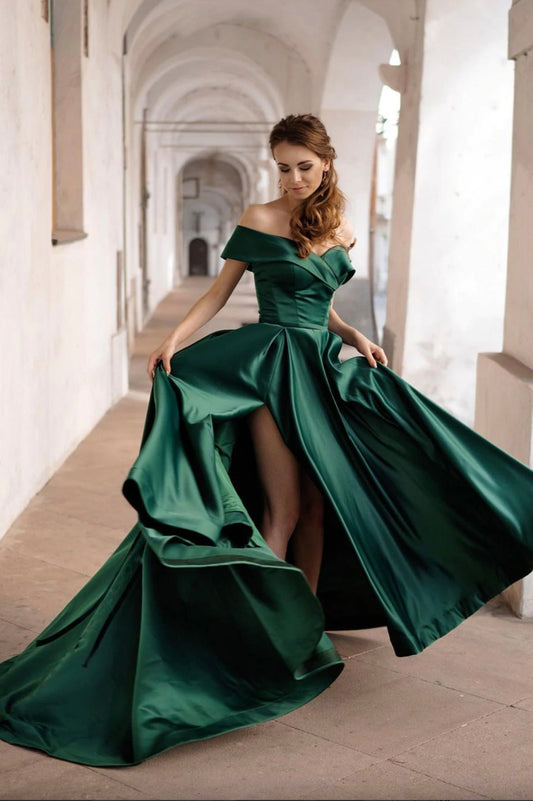 Green Satin Long Prom Dress, Off the Shoulder Evening Dress with Slit