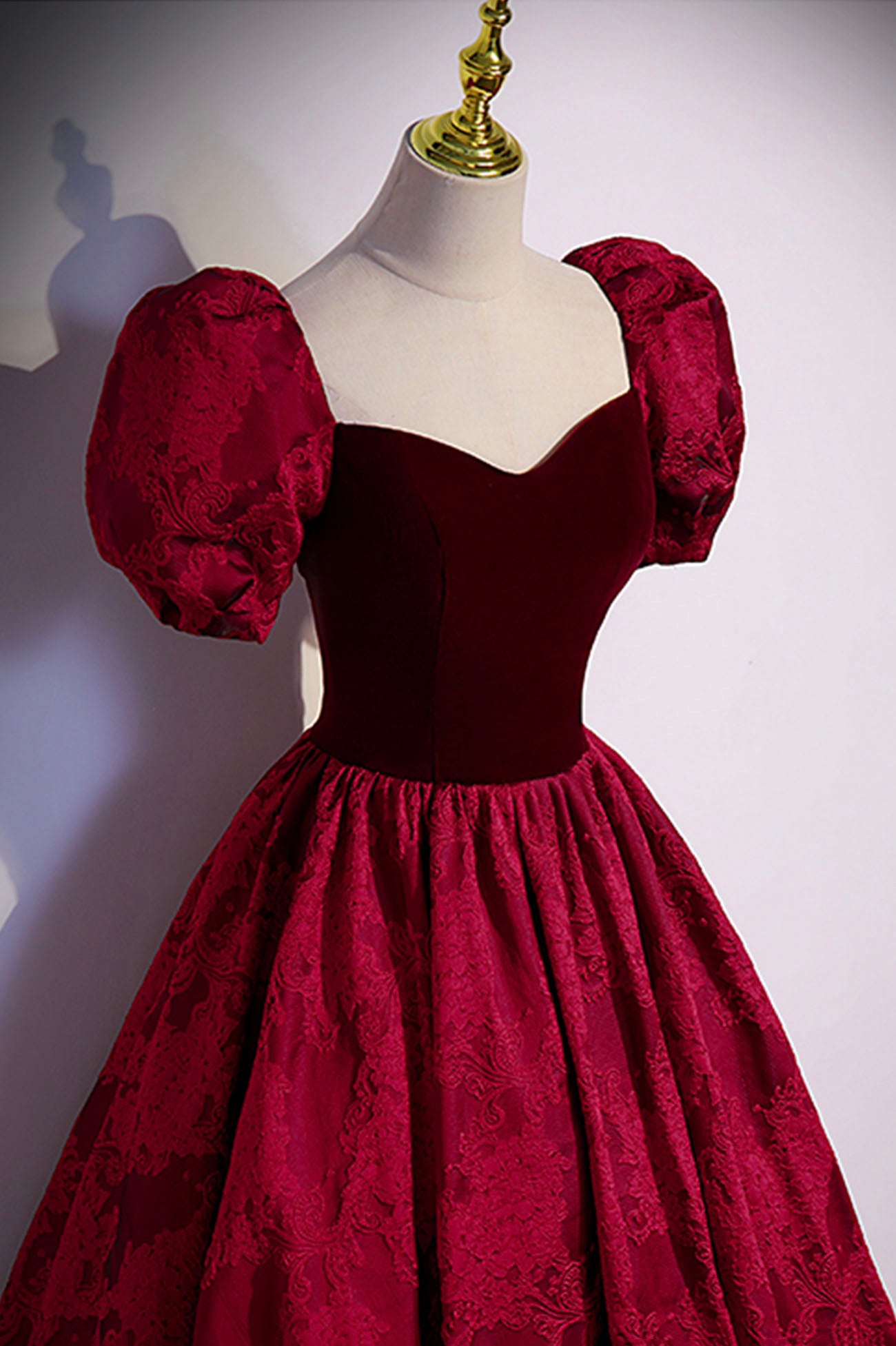 Burgundy Velvet Long Prom Dress, A-Line Short Sleeve Evening Dress