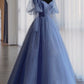 Blue Tulle Beaded Long Prom Dress