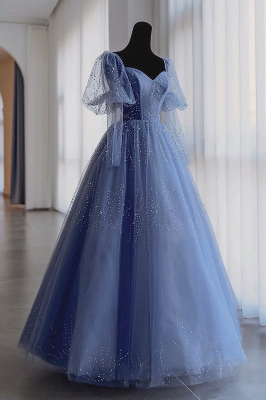 Blue Tulle Beaded Long Prom Dress