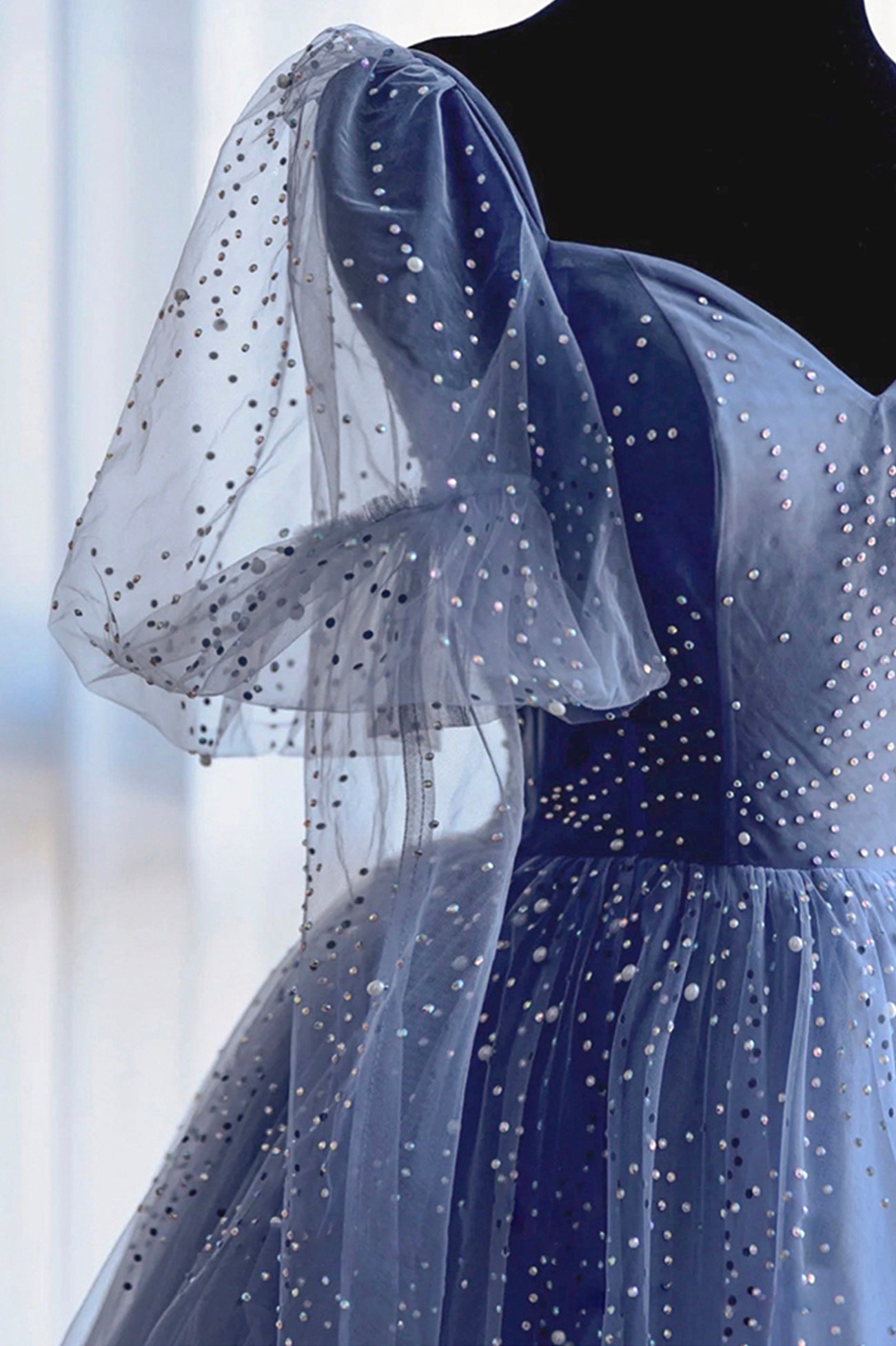 Blue Tulle Beaded Long Prom Dress