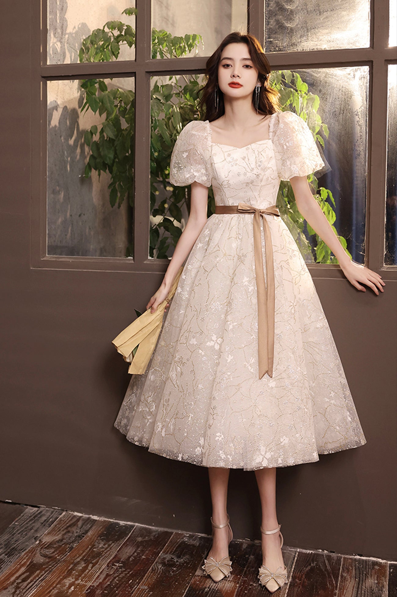 White Tulle Short Prom Dress, A-Line Short Sleeve Evening Dress