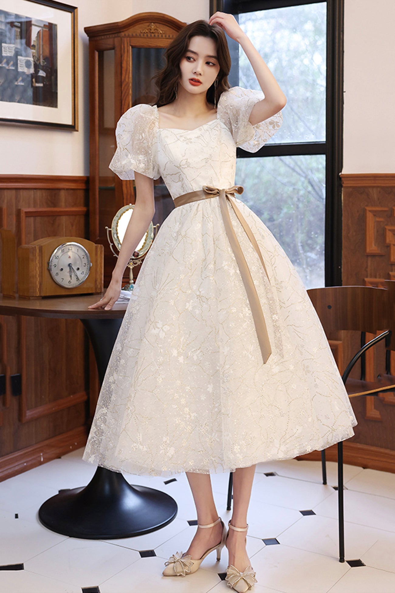 White Tulle Short Prom Dress, A-Line Short Sleeve Evening Dress