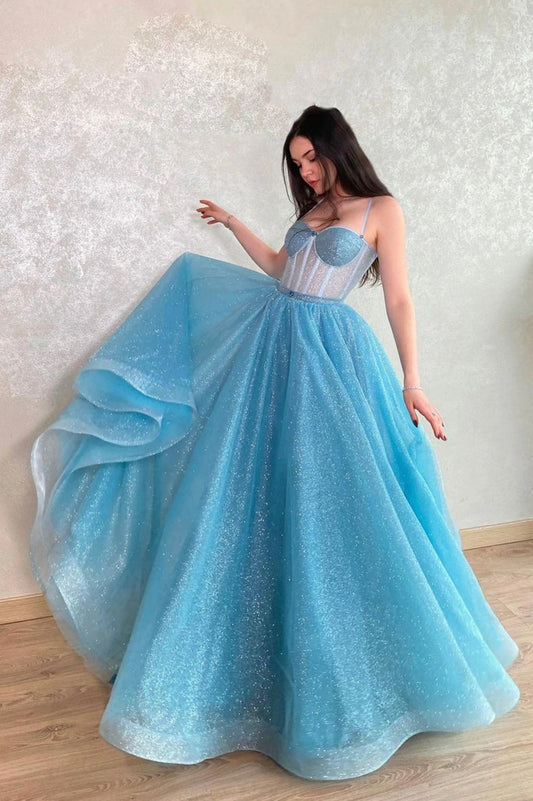 Blue Spaghetti Strap Tulle Long Prom Dress with Corset