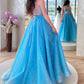 Blue Spaghetti Strap Tulle Long Prom Dress with Corset