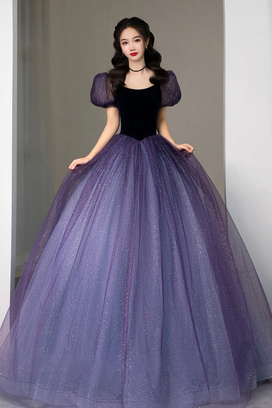 Purple Tulle Floor Length Prom Dress, Lovely A-Line Short Sleeve Evening Dress
