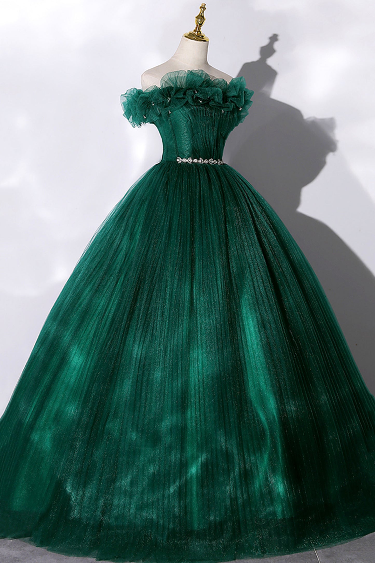 Green Tulle Long A-Line Prom Dress, Off the Shoulder Evening Party Gown