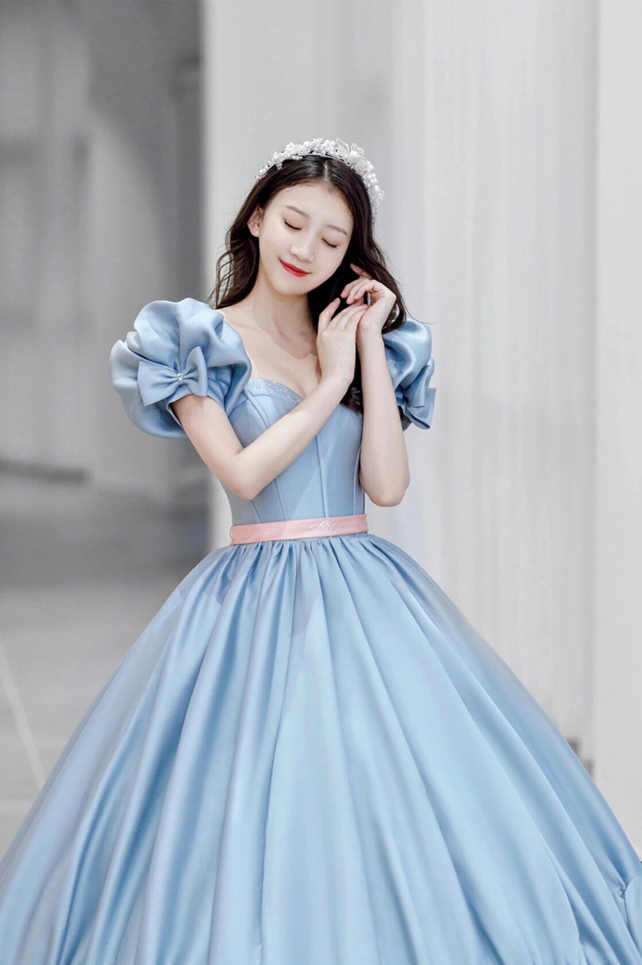 Blue Satin Long Prom Dress, A-Line Short Sleeve Evening Formal Gown