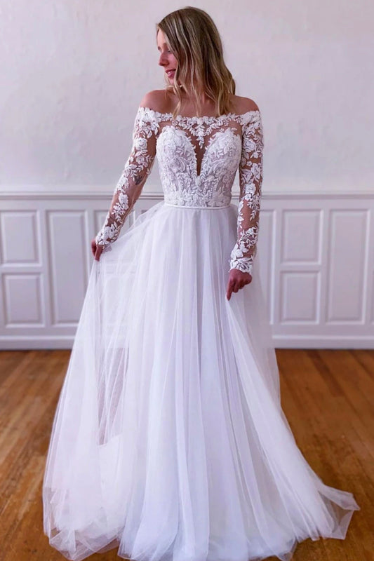 White Lace Long Sleeve Floor Length Prom Dress