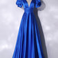 Blue V-Neck Satin Long Prom Dress, Elegant A-Line Evening Party Dress