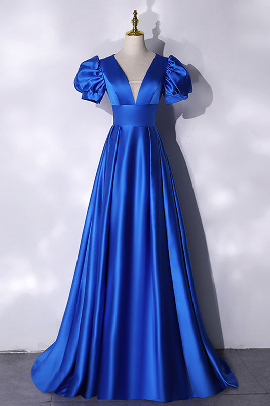 Blue satin long prom dress simple evening dress