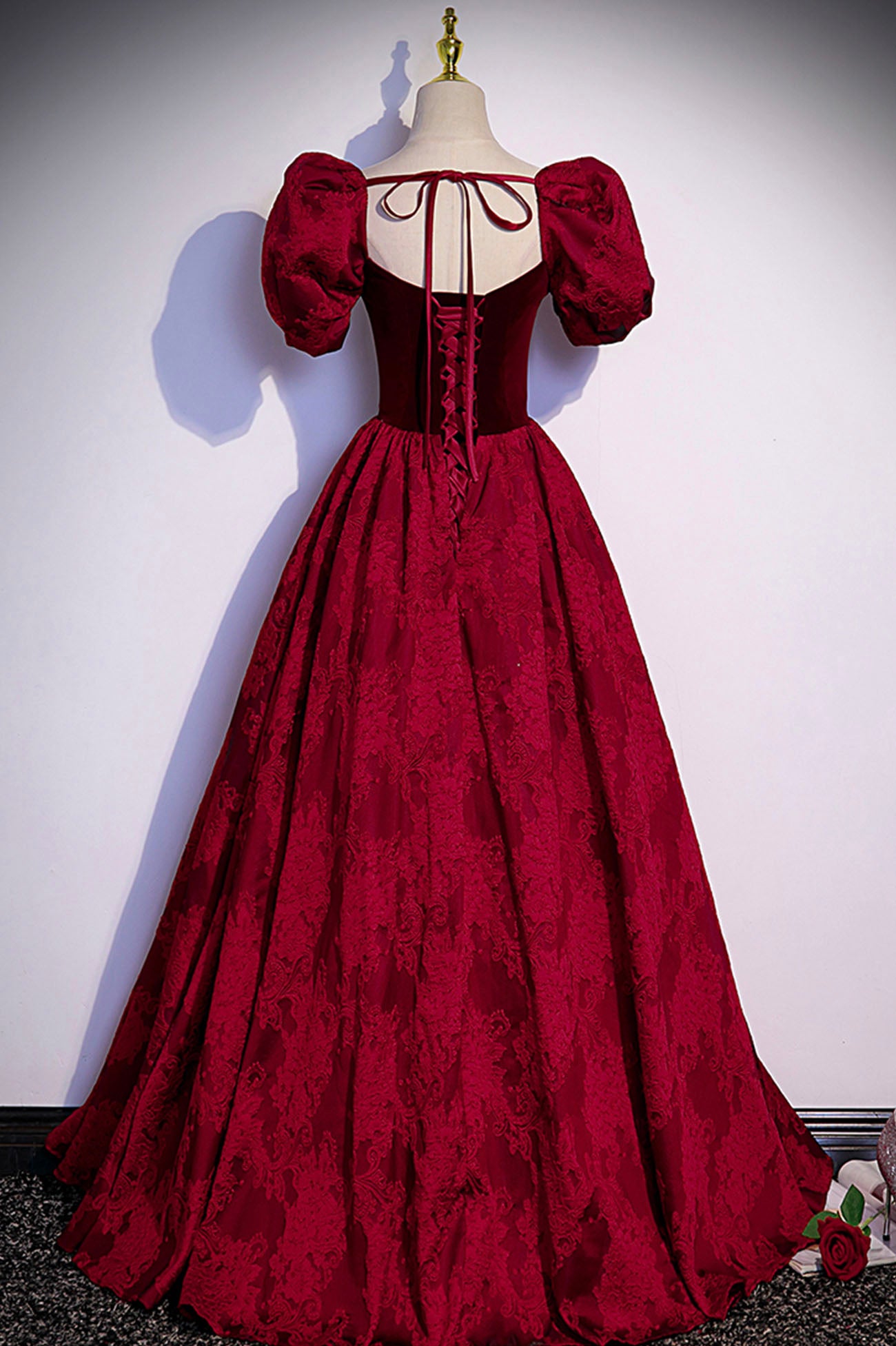 Burgundy Velvet Long Prom Dress, A-Line Short Sleeve Evening Dress