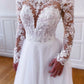 White Lace Long Sleeve Floor Length Prom Dress