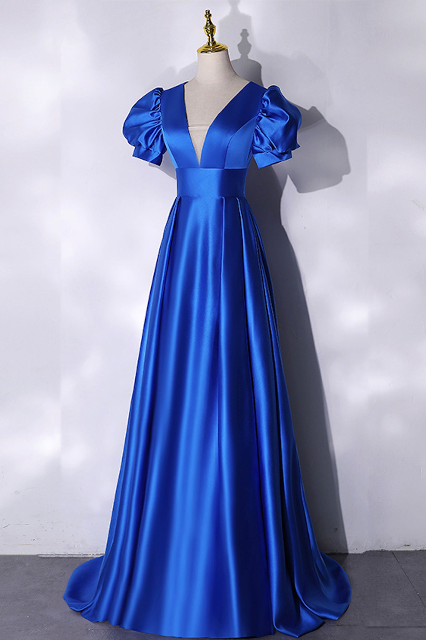 Blue V-Neck Satin Long Prom Dress, Elegant A-Line Evening Party Dress