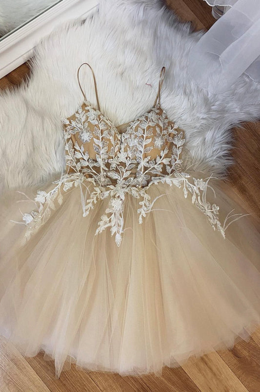 Champagne tulle lace short prom dress homecoming dress
