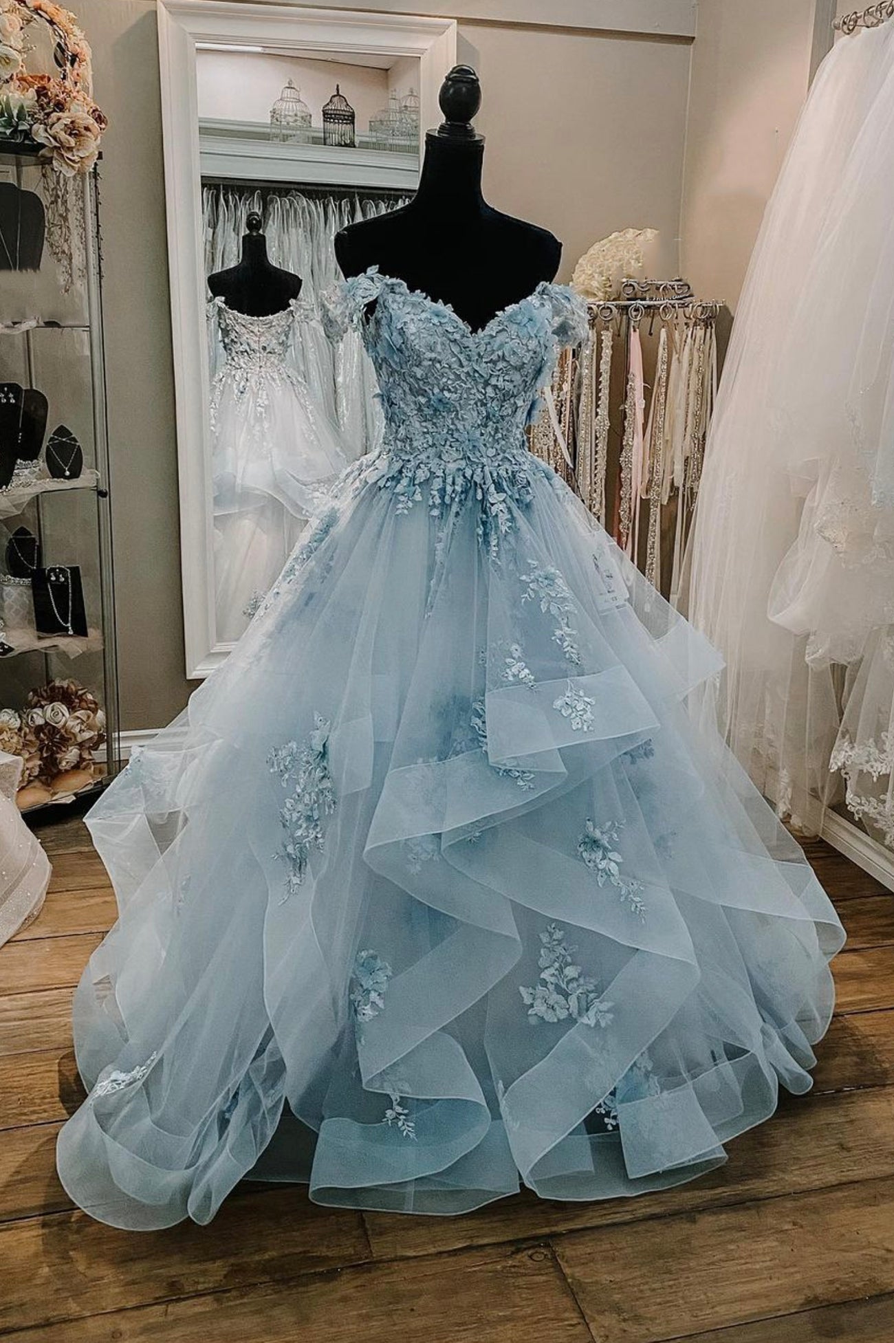 Blue Tulle Lace Long Prom Dress, A-Line Off the Shoulder Evening Dress